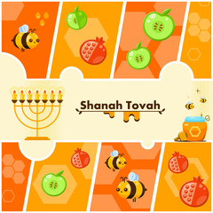 Greeting card. Cheerful abstract background in warm colors with the Hebrew phrase Shanah Tovah. Includes popular icons such as menorah, apple, pomegranate, honey and bees. Vector illustration.