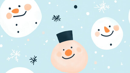 Minimalist watercolor snowman faces with soft shades on light blue background, featuring cheerful expressions and snowflakes, creating whimsical winter atmosphere