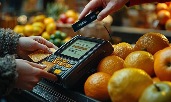A person using a card reader surrounded by fresh fruits.