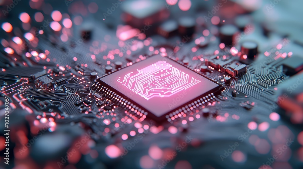 Aufkleber a close up of a circuit board, its intricate pathways illuminated in pink, representing the complex 