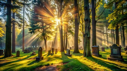 Fototapeta premium Sunbeams Through Gravestones in a Forest Cemetery - Tranquil Nature Scene
