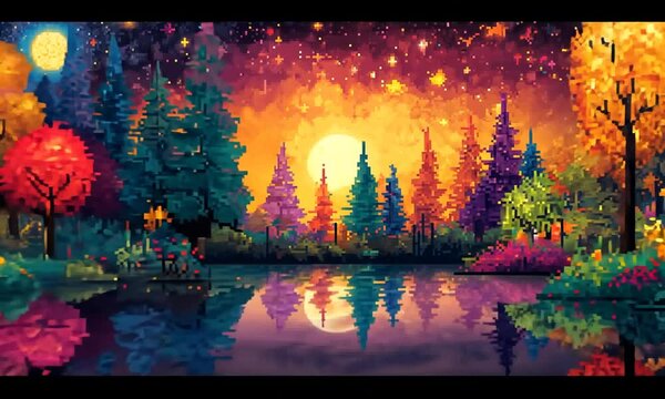 A vibrant pixel art landscape with a moonlit lake and colorful trees.