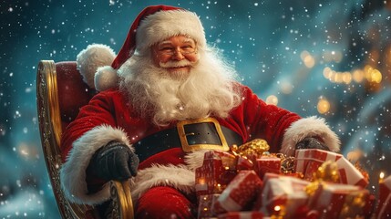 Santa Claus sitting on a large sleigh filled with presents with a clear night sky overhead clean background--C100