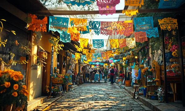 Colorful papel picado banners adorn a lively market street.