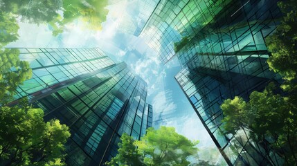 Illustrate a photorealistic watercolor painting of a worms-eye view digital workplace