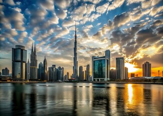 Fototapeta premium Sunset Light Over Dubai Downtown Bay Panorama Timelapse - Surreal Photography of UAE's Iconic Skyline