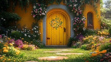 Fototapeta premium A yellow door with an intricate floral design leads to a whimsical cottage surrounded by vibrant flowers and lush greenery.