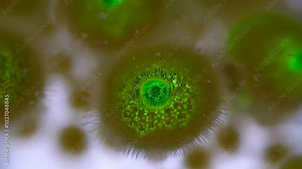 Poster mystical close-up of luminous green algae with ethereal glow and intricate patterns