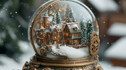 Steampunk snow globe with a Christmas village inside, encased in brass and glass, with intricate gear details, Close-up photo with clean background