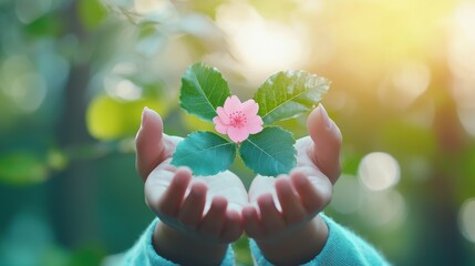 A woman stands barefoot in nature, her hands gently touching the leaves of a tree, a pink seed symbol representing growth and potential resting in her open palm.