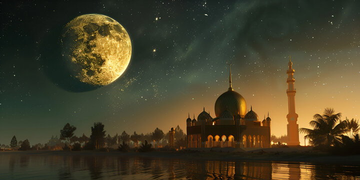 Crescent Moon, Ram Sheep, and Mosque for Eid Al Asha.