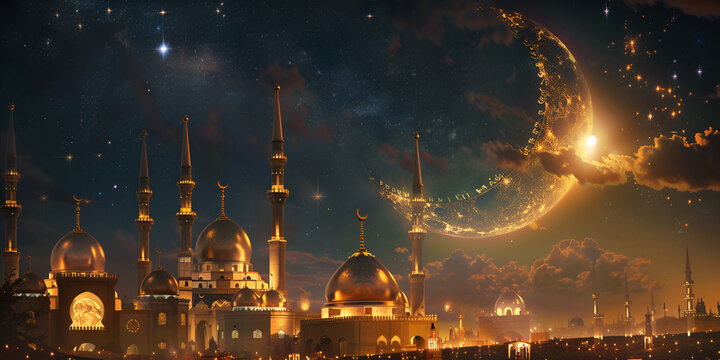Eid Al Asha Celebration with Crescent Moon, Sheep, and Mosque Background.