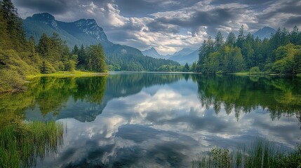 Fototapeta premium Tranquil Lake Reflection Amidst Mountain Landscape