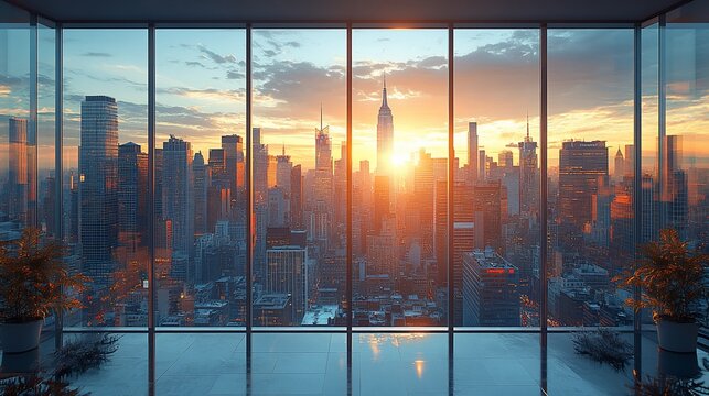 Fototapeta Panoramic view of the New York City skyline at sunset seen from a modern office.