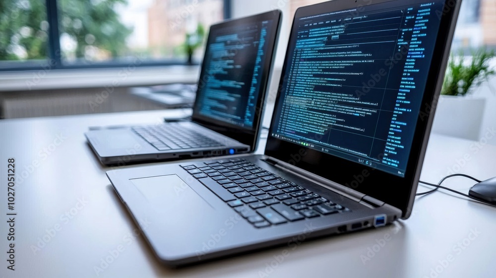 Poster dual laptops displaying code on modern workspace