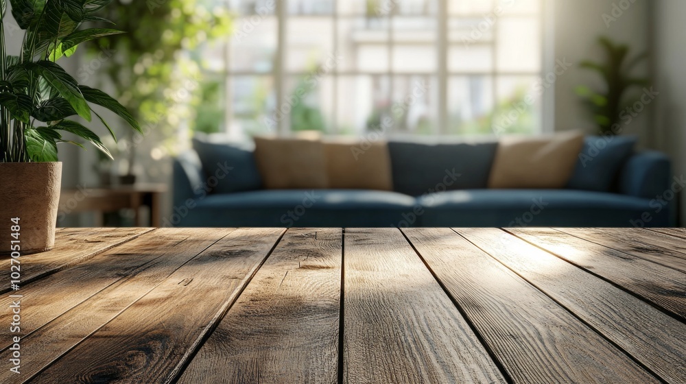 Poster a wooden table with a potted plant on it and a couch in the background