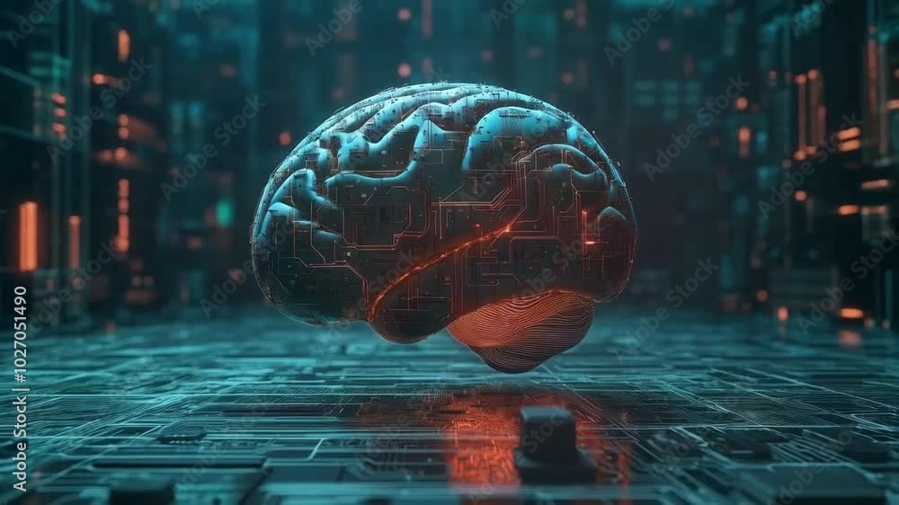 Poster futuristic digital brain with circuit patterns symbolizing technology and artificial intelligence