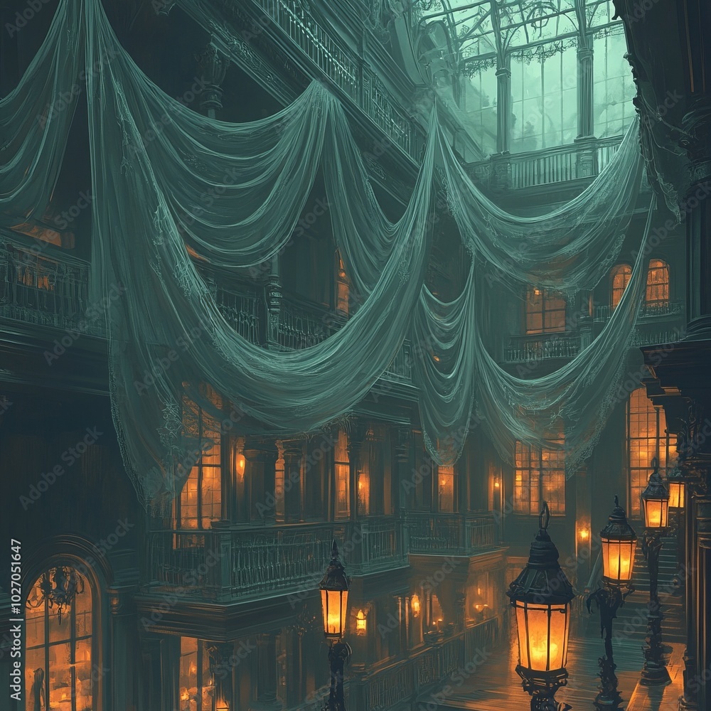 Sticker A dimly lit, ornate interior with draped fabric, lanterns, and windows, creating an atmosphere of mystery and intrigue.