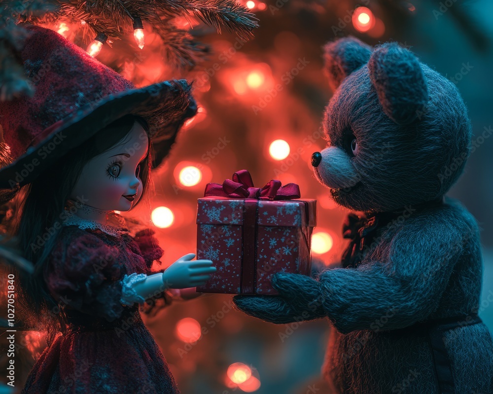 Wall mural A doll dressed as a witch gives a teddy bear a gift in front of a Christmas tree.