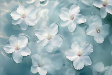 Delicate white flowers floating on tranquil water in serene blue setting