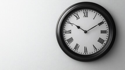 A black round analog clock with Roman numerals on a white wall.