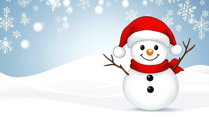 Fototapeta premium Cheerful Snowman with Scarf and Snowflakes in Background