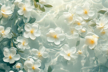 Fototapeta premium Delicate white flowers floating on calm water during a sunny afternoon