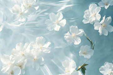 Delicate white flowers floating on tranquil blue water in serene ambiance