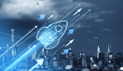 Rocket and arrows symbolizing growth over cityscape at night. New York city skyline.