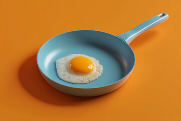 Cooking an egg in a blue frying pan on an orange background
