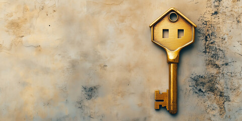 Golden key with a house-shaped head against a rustic background symbolizing real estate and opportunity.