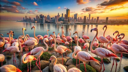 Obraz premium Surreal Flamingos Against Cityscape and Ocean Background - Dreamlike Photography