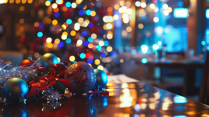beautifully decorated table with festive ornaments and colorful lights in background, creating warm and joyful holiday atmosphere