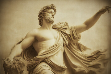 Naklejka premium statue of ancient man with curly hair and raised arm, floating fabric, monochrome background, photorealistic