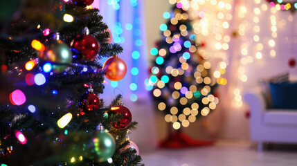 beautifully decorated Christmas tree adorned with colorful ornaments and twinkling lights creates festive atmosphere. blurred background features another tree, enhancing holiday spirit