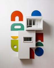 Fototapeta premium a postmodern architecture house with playful shapes on plain white background