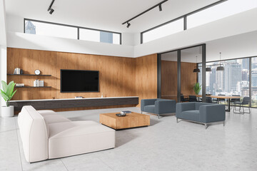 Modern living room and dining area with city view. 3D Rendering