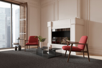 Modern living room with stylish furniture and large windows. 3D Rendering