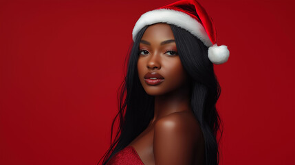 An isolated shot of a black woman celebrating christmas wearing santa hat. girl wearing santa hat . girl with santa hat 