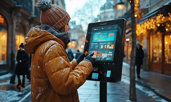 Person interacting with a touchscreen kiosk in a snowy urban setting.