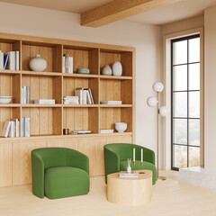 Stylish living room interior with two armchairs, shelf and panoramic window