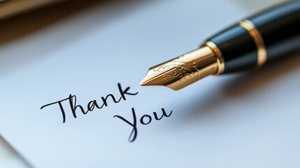Elegant fountain pen resting on a thank you note, with gold accents adding a touch of luxury. This image is ideal for conveying gratitude, formal communication, or appreciation