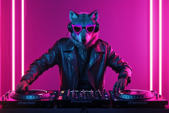 DJ wolf wearing sunglasses and headphones mixing music at a neon-lit DJ booth. This image is a fun, surreal take on nightlife, music, and entertainment, perfect for party or festival-related visuals.