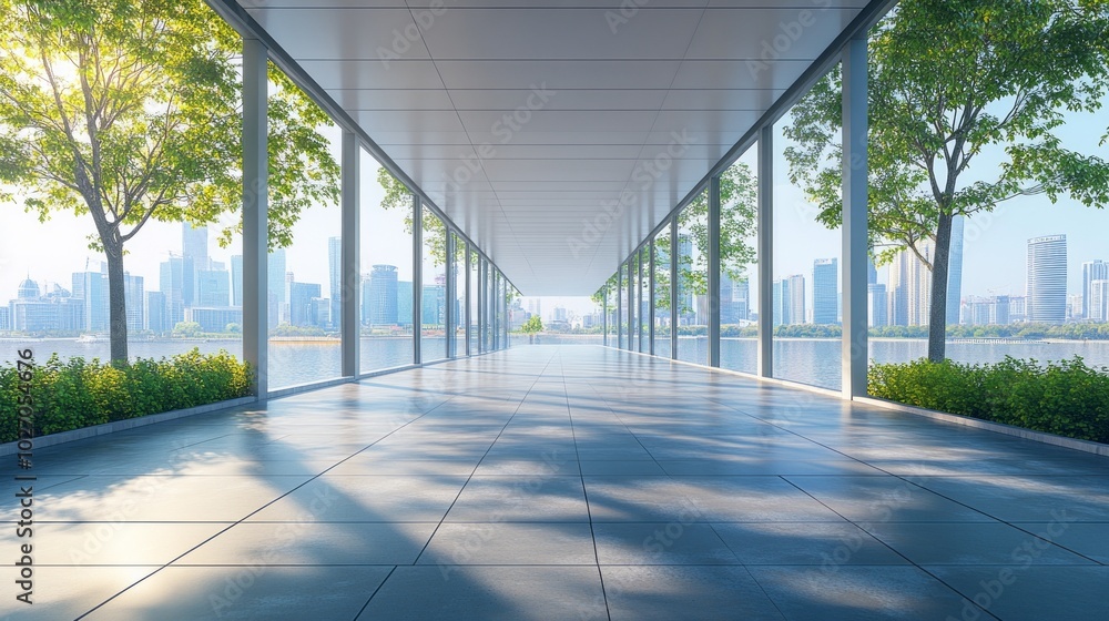 Poster a large, empty, open space with a view of a city and a body of water