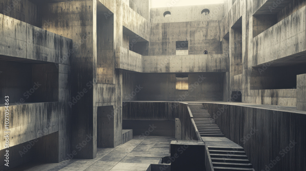 Poster striking brutalist architecture scene featuring thick concrete walls and geometric shapes, creating 