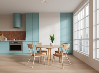 Colored home kitchen interior with dinner table and cabinet. Panoramic window