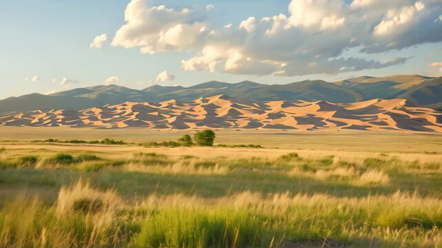 Stunning view of Great Sand Dunes in Colorado at sunset with long shadows on rolling dunes, Dunes shaped by the whims of the wind, casting shadows across the landscape