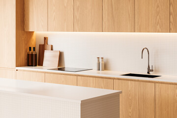 Modern kitchen interior design with wooden cabinets and minimalist decor. 3D Rendering
