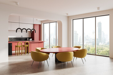 Colored home kitchen interior with eating table, bar island and panoramic window