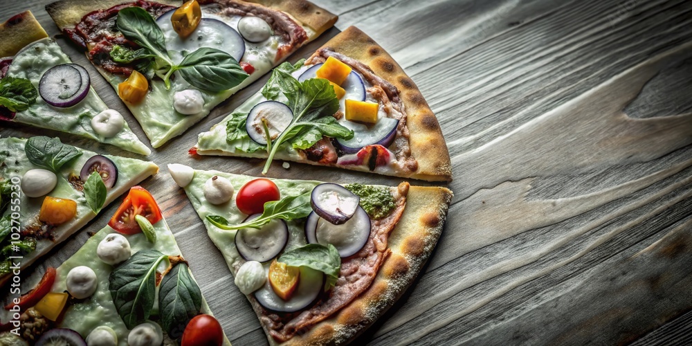 Poster surreal pizza slices with unique toppings on transparent background for culinary art